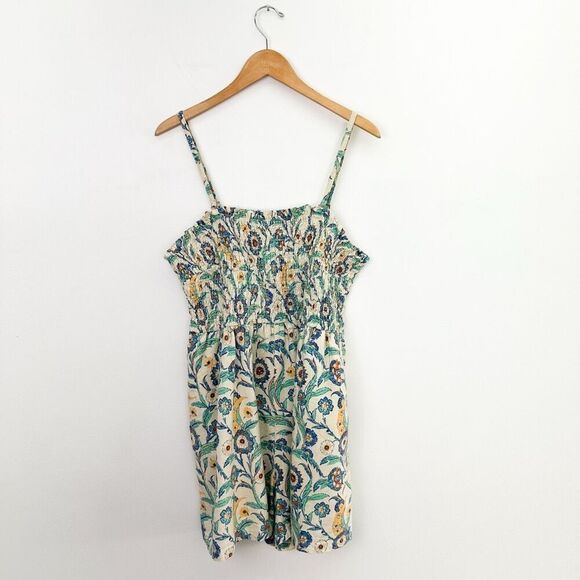 Anthropologie Pilcro Smocked Natural Linen Blend Multicolor Floral Short Romper - Picture 2 of 13